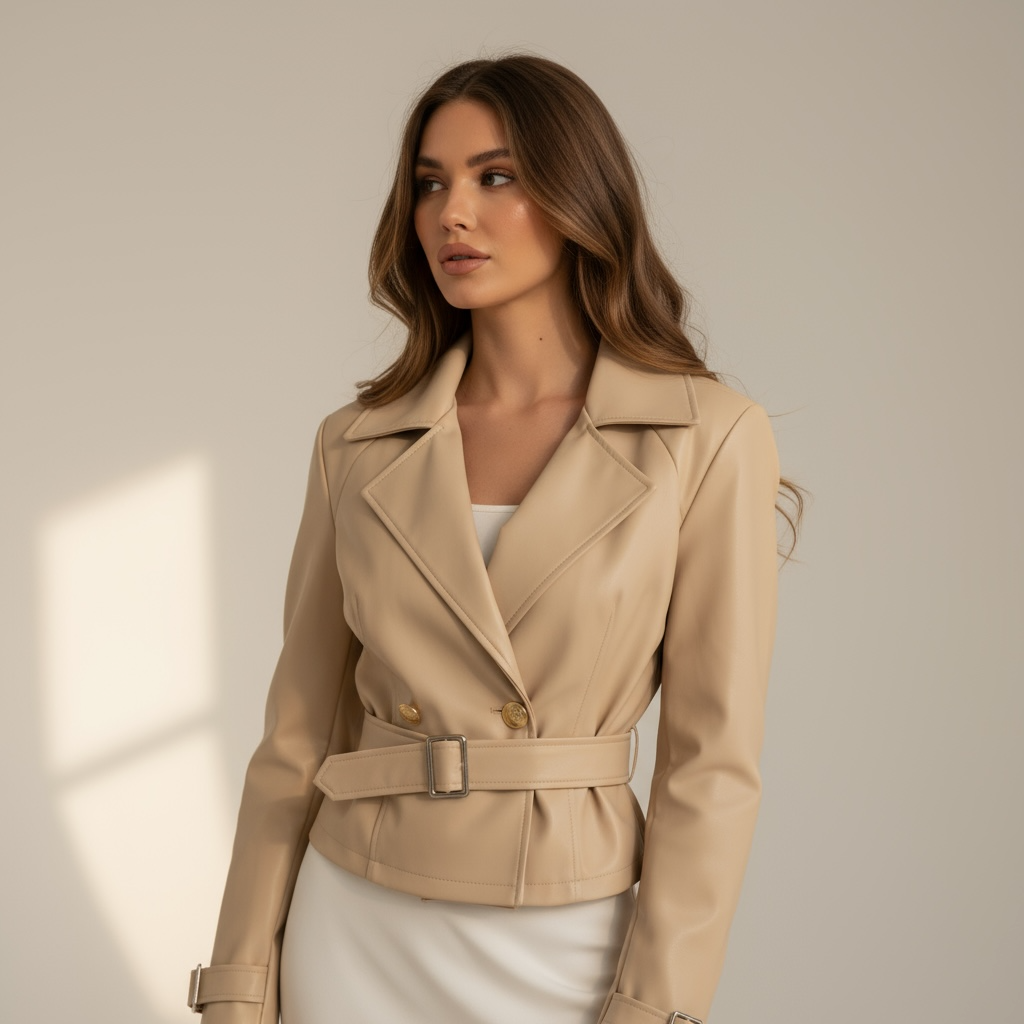 Giacca in Ecopelle con Cintura – Beige Iconic