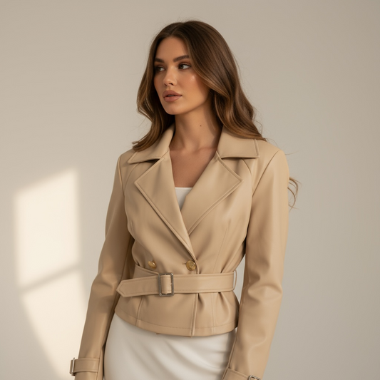 Giacca in Ecopelle con Cintura – Beige Iconic