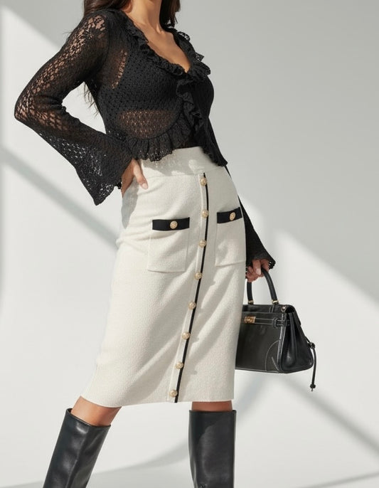 Gonna Elegante Midi con Bottoni – Panna