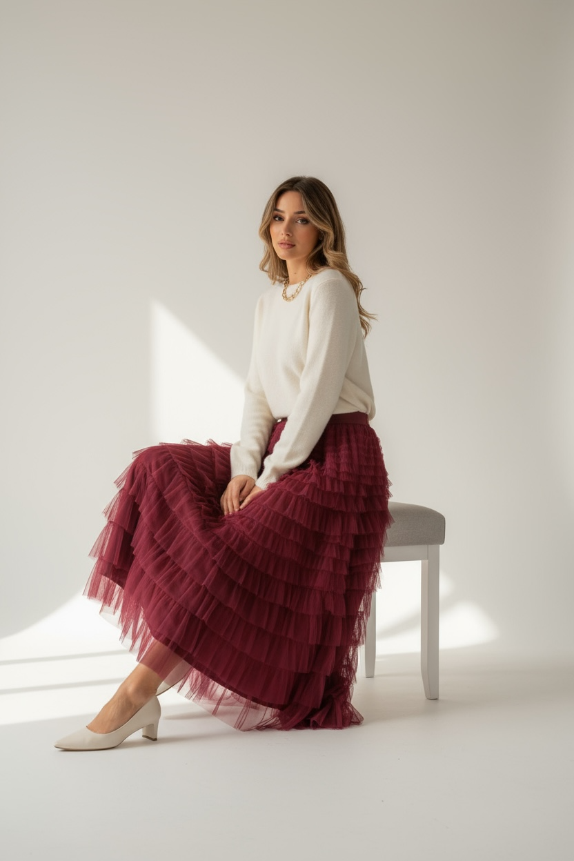 Gonna Lunga in Tulle a Balze – Borgogna Elegance