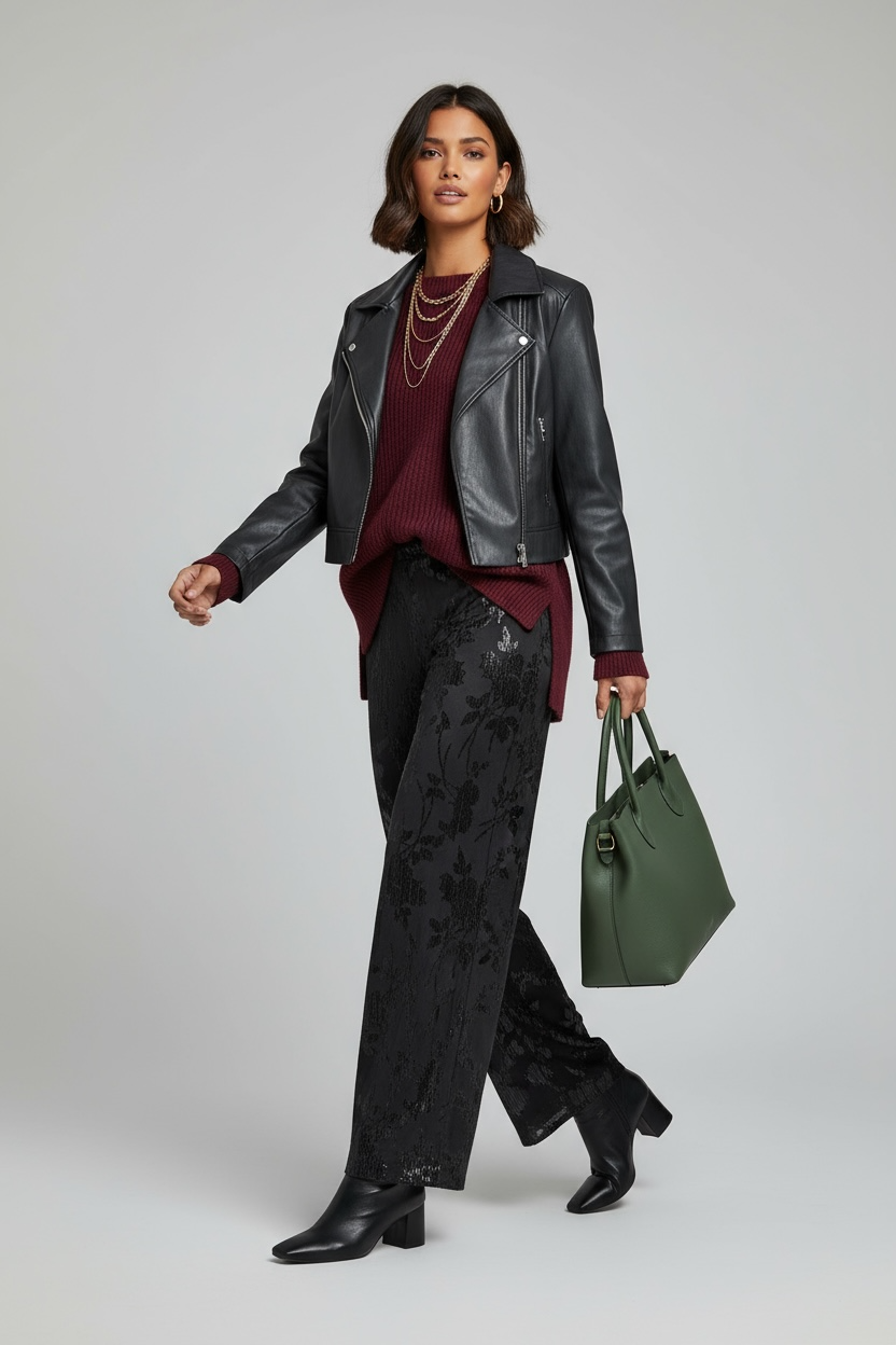 Pantalone ampio jacquard floreale tono su tono