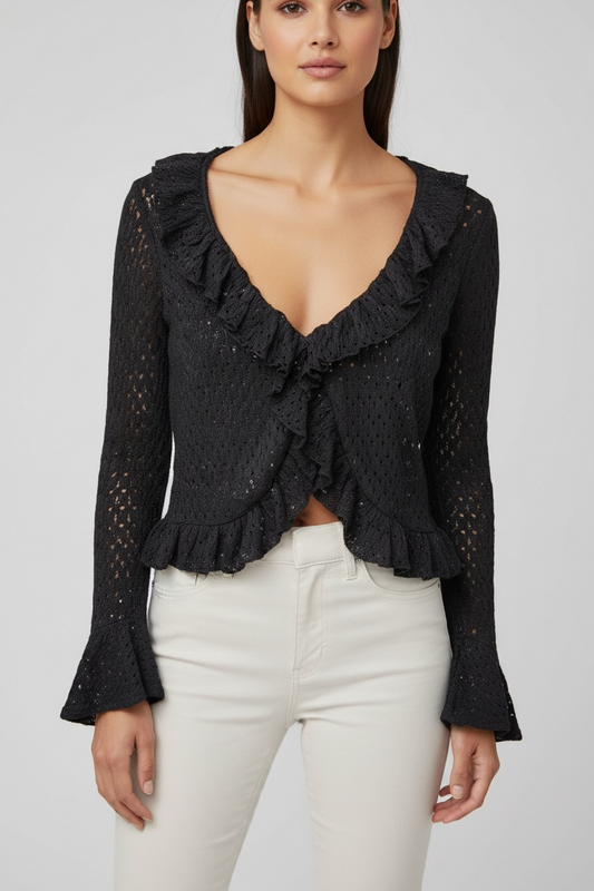 Cardigan in Pizzo con Ruches – Nero