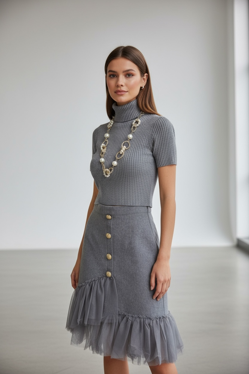 Gonna grigia con bottoni dorati e balza in tulle