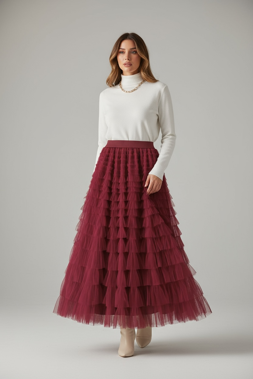 Gonna Lunga in Tulle a Balze – Borgogna Elegance