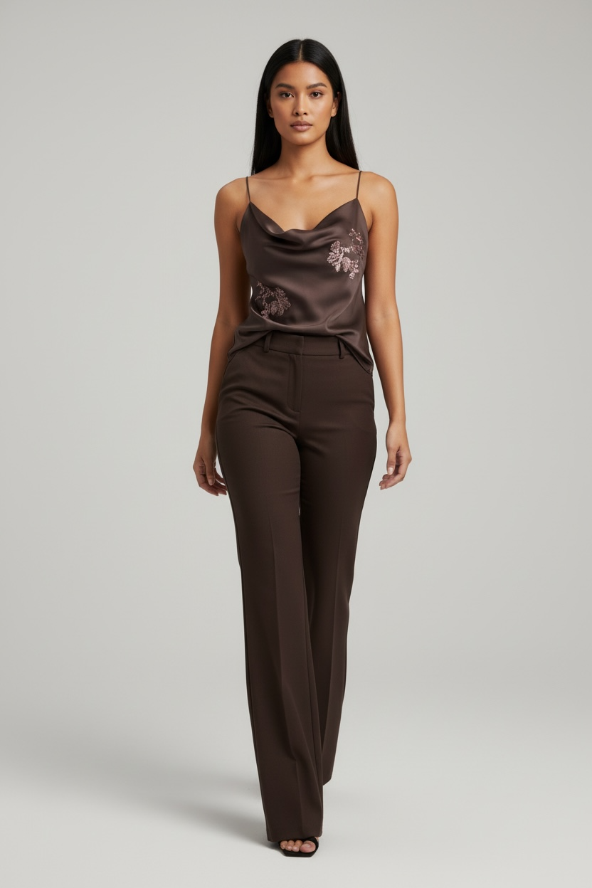 Top Satin Color Cioccolato con Ricami Floreali – Effortless Elegance
