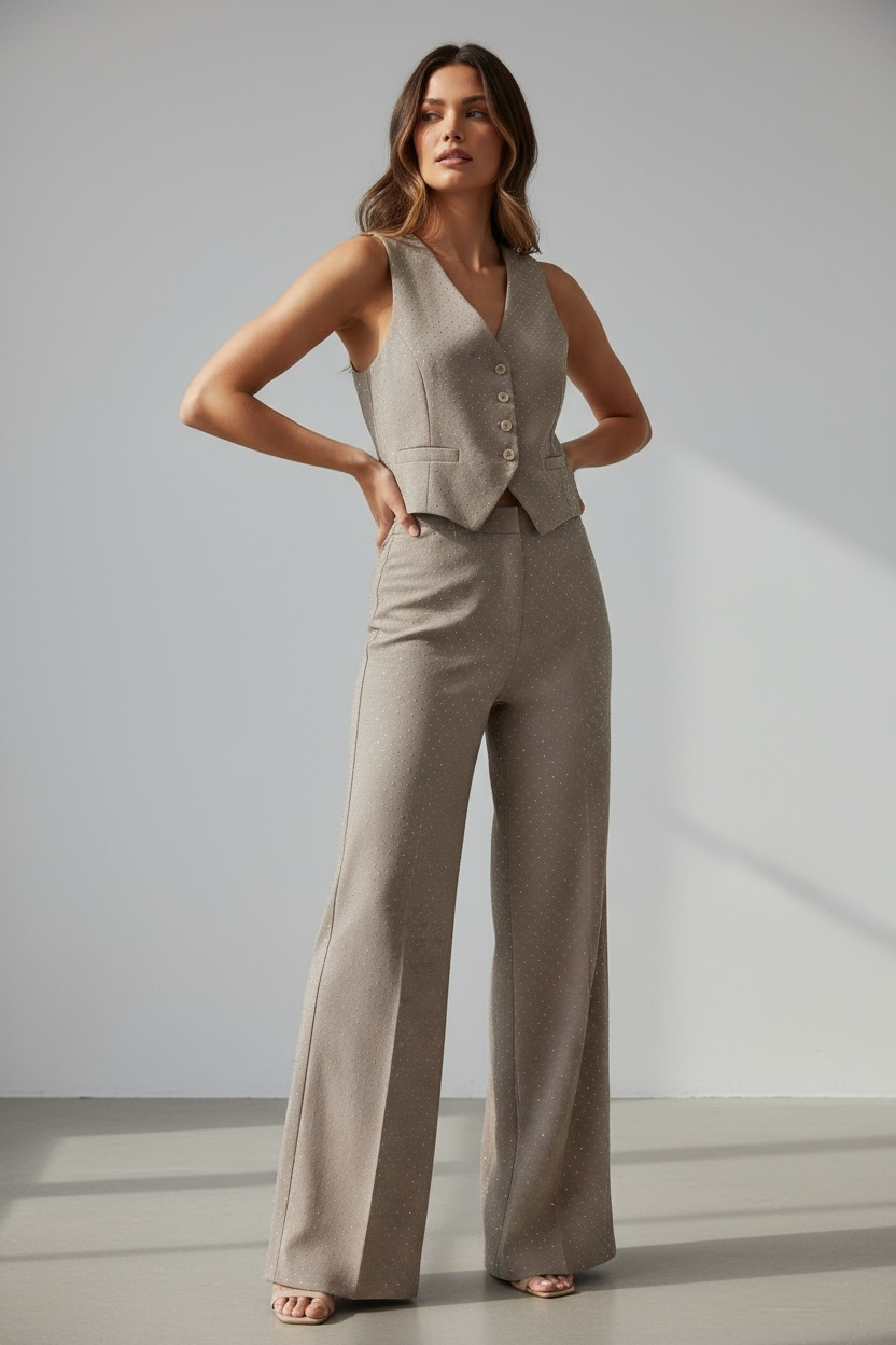 Completo sartoriale beige con dettagli luminosi