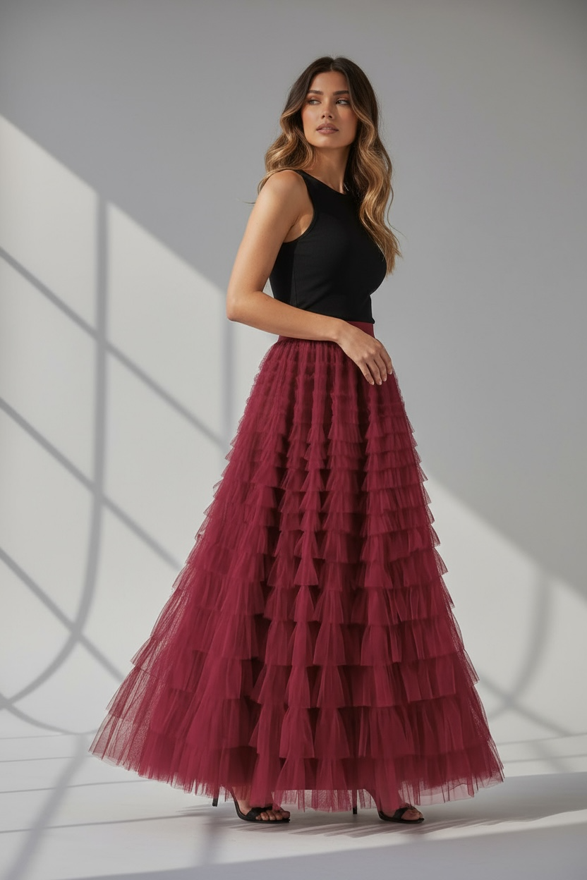 Gonna Lunga in Tulle a Balze – Borgogna Elegance
