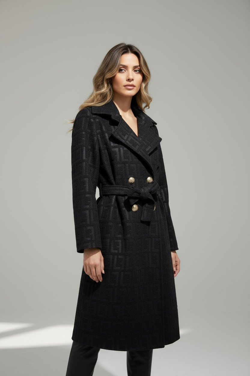 Cappotto nero con cintura e bottoni dorati