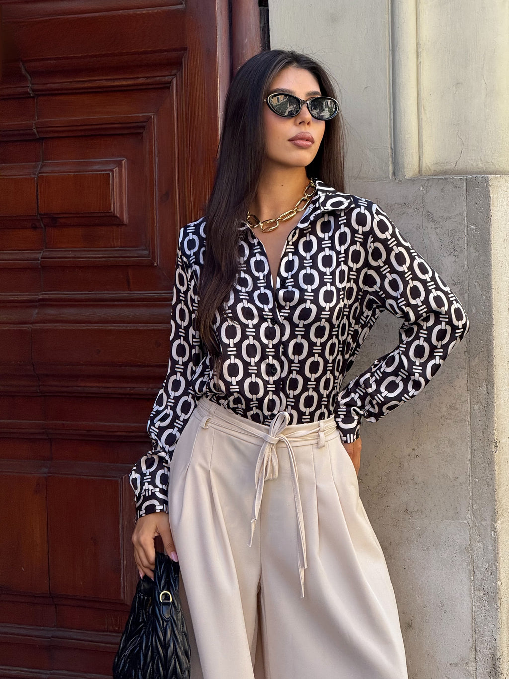 Camicia stampata geometrica bianco/nero