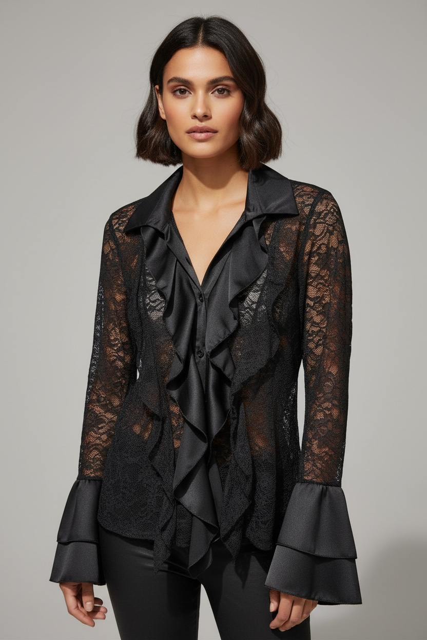 Camicia in pizzo trasparente con rouches – Colore nero