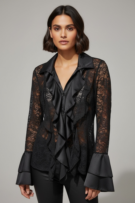 Camicia in pizzo trasparente con rouches – Colore nero