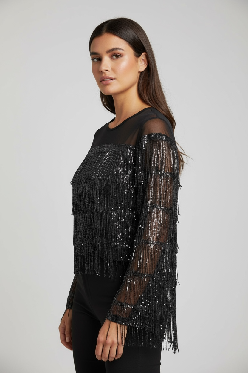 Camicia con frange e paillettes nere