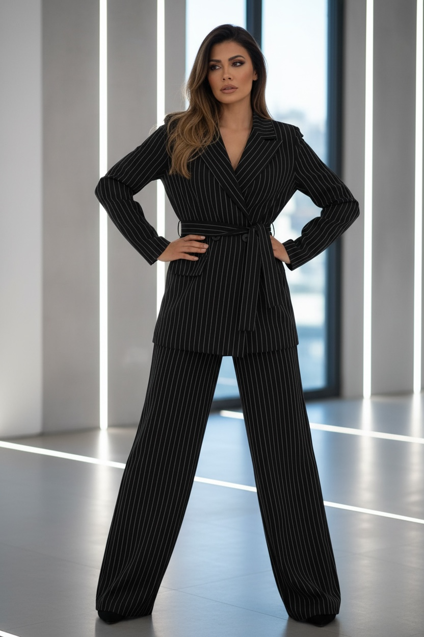 POWER STRIPE Tailleur:  Gessato con Giacca Cinturata e Pantalone Palazzo