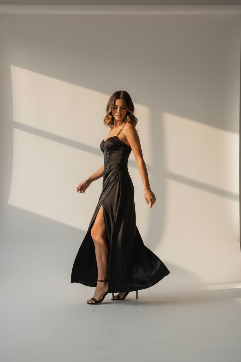 Abito Lungo Satinato con Spalline Sottili e Spacco Laterale
