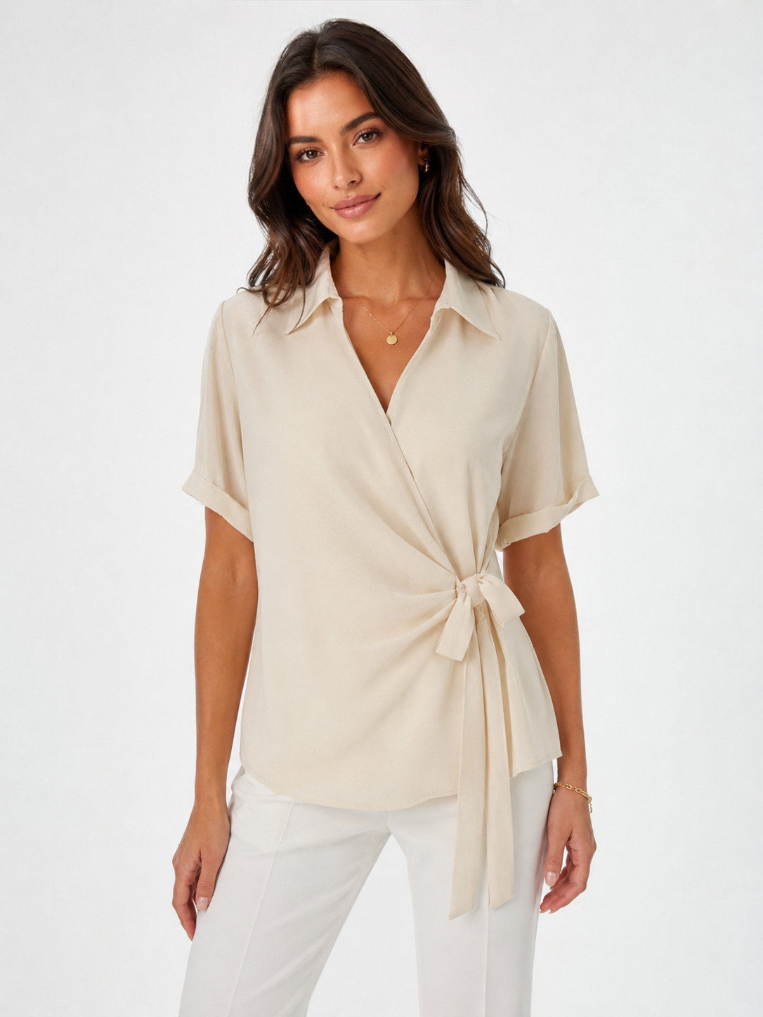 Blusa Portafoglio Beige Donna | Camicia Elegante con Fiocco Laterale