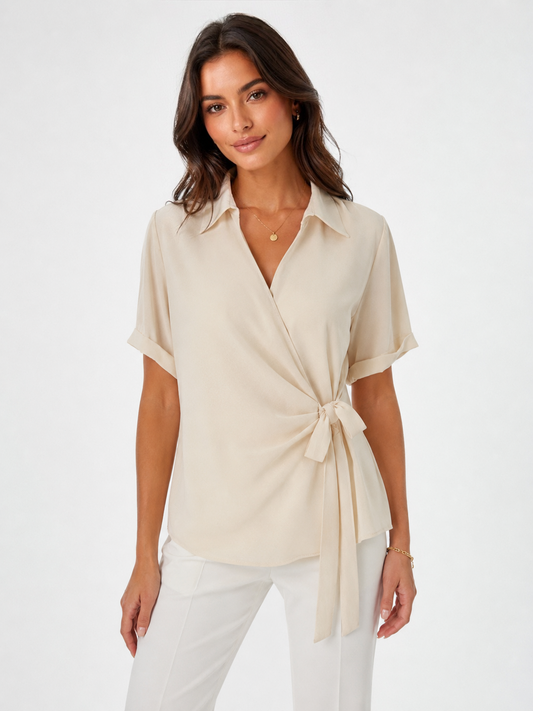 Blusa Portafoglio Beige Donna | Camicia Elegante con Fiocco Laterale