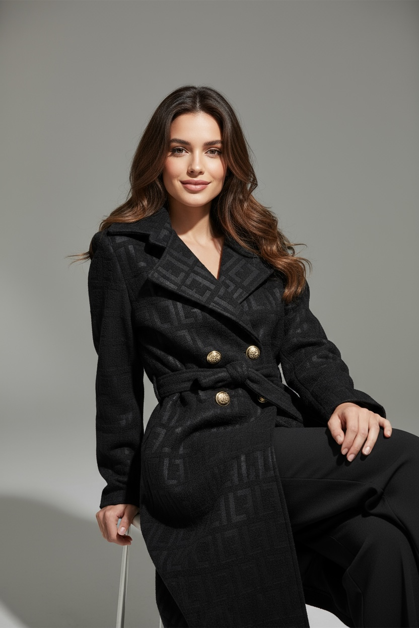 Cappotto nero con cintura e bottoni dorati