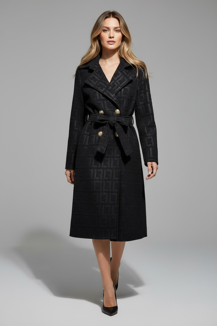 Cappotto nero con cintura e bottoni dorati