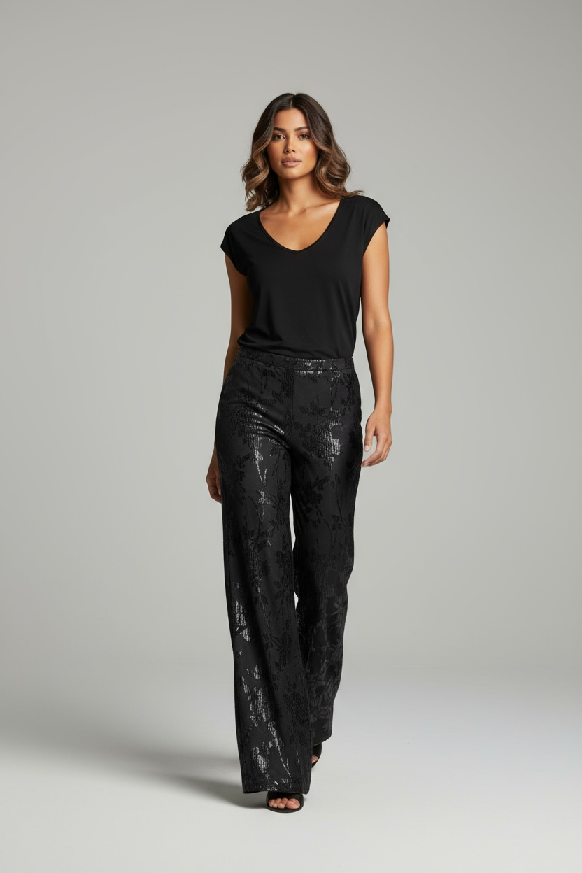 Pantalone ampio jacquard floreale tono su tono