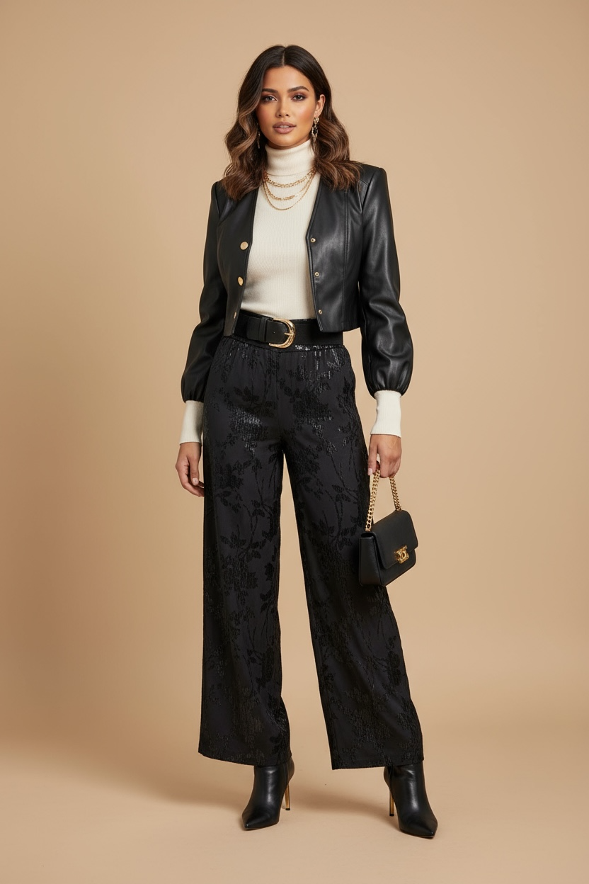 Pantalone ampio jacquard floreale tono su tono