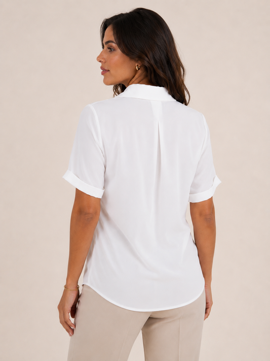 Blusa Portafoglio Donna Bianca con Fiocco Laterale e Colletto Elegante
