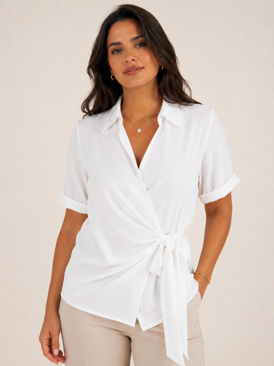 Blusa Portafoglio Donna Bianca con Fiocco Laterale e Colletto Elegante
