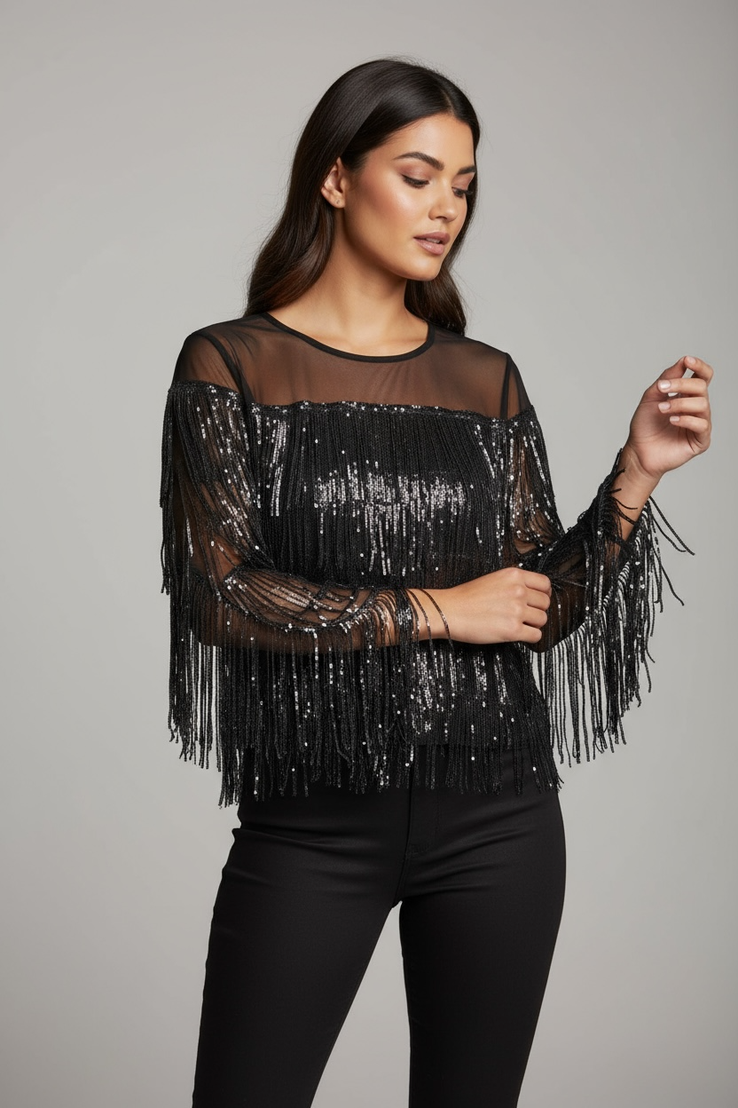 Camicia con frange e paillettes nere