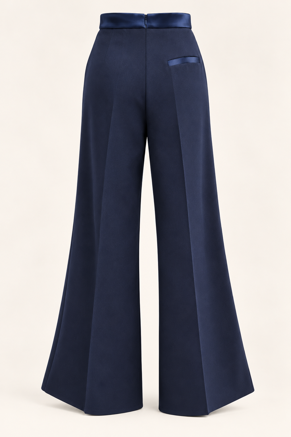 Pantalone a Zampa Blu Notte con Dettagli in Raso