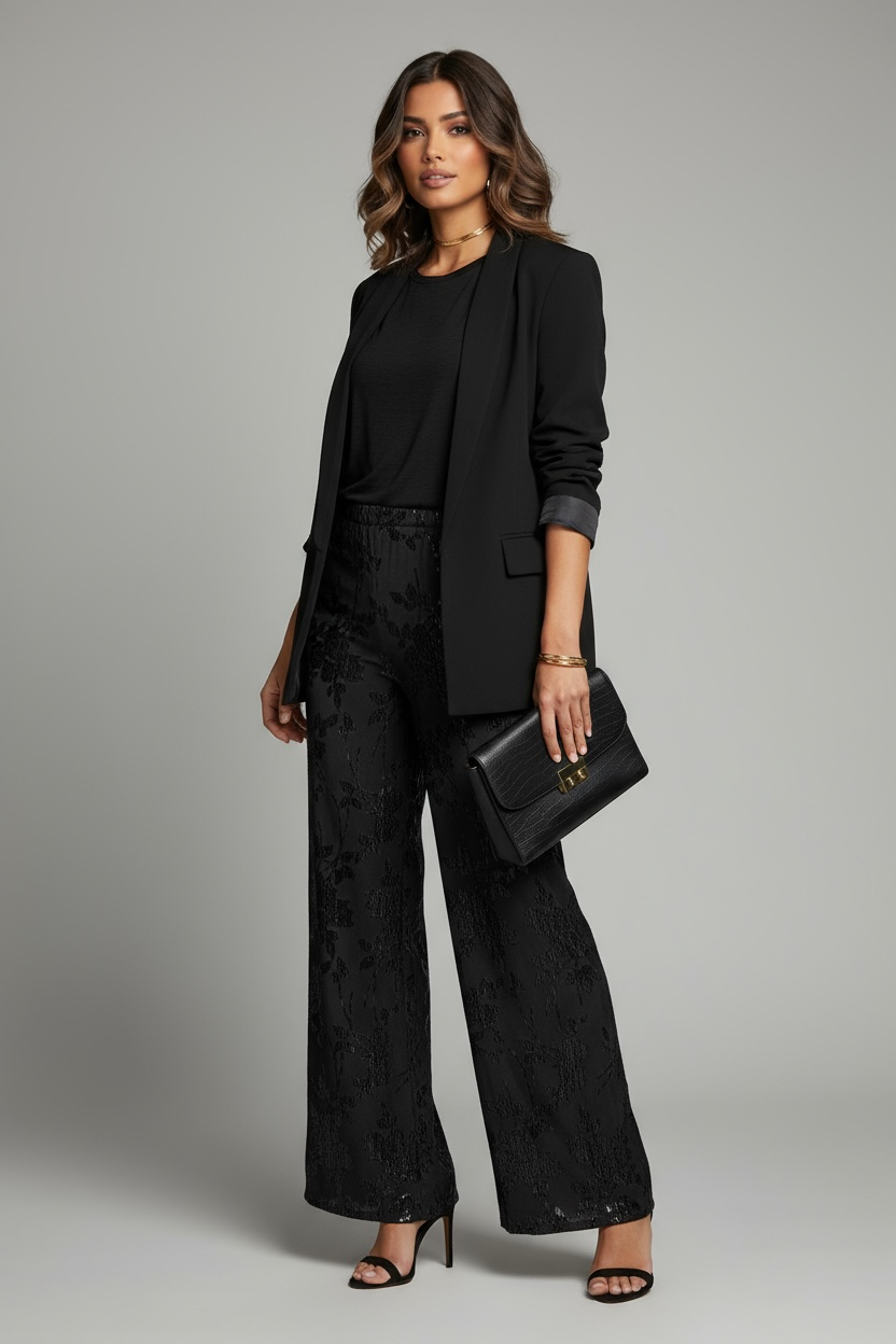 Pantalone ampio jacquard floreale tono su tono