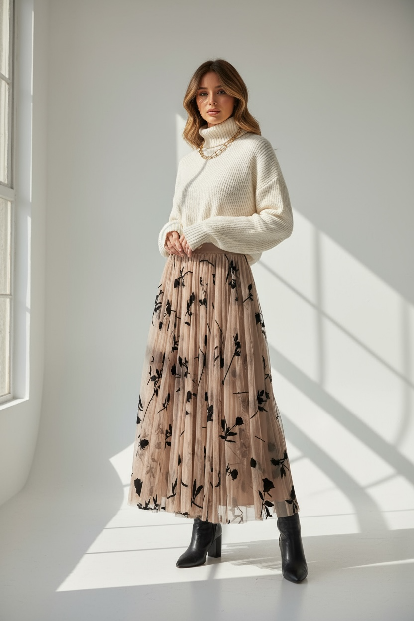Gonna Lunga in Tulle Ricamato – Nude Elegance