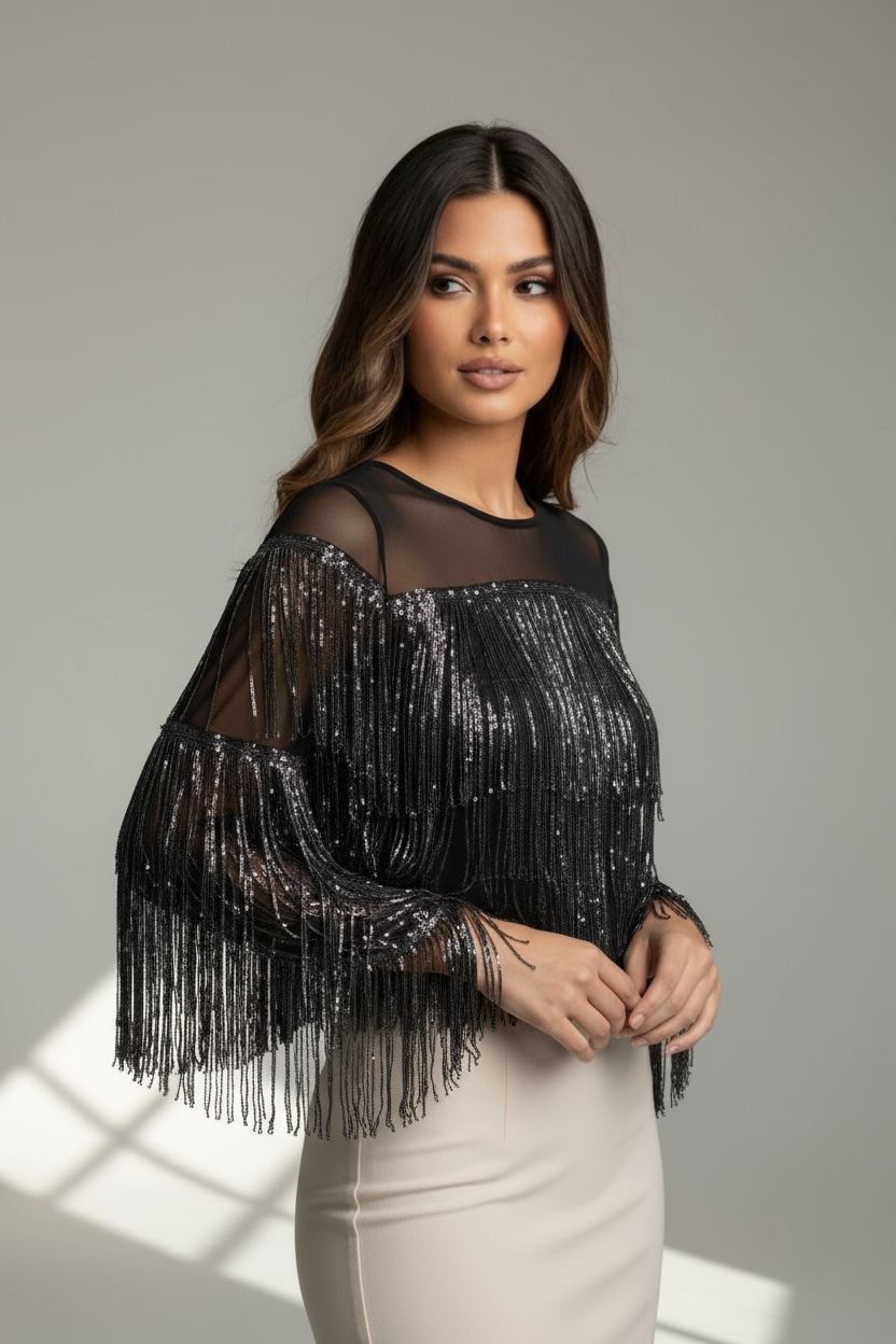 Camicia con frange e paillettes nere