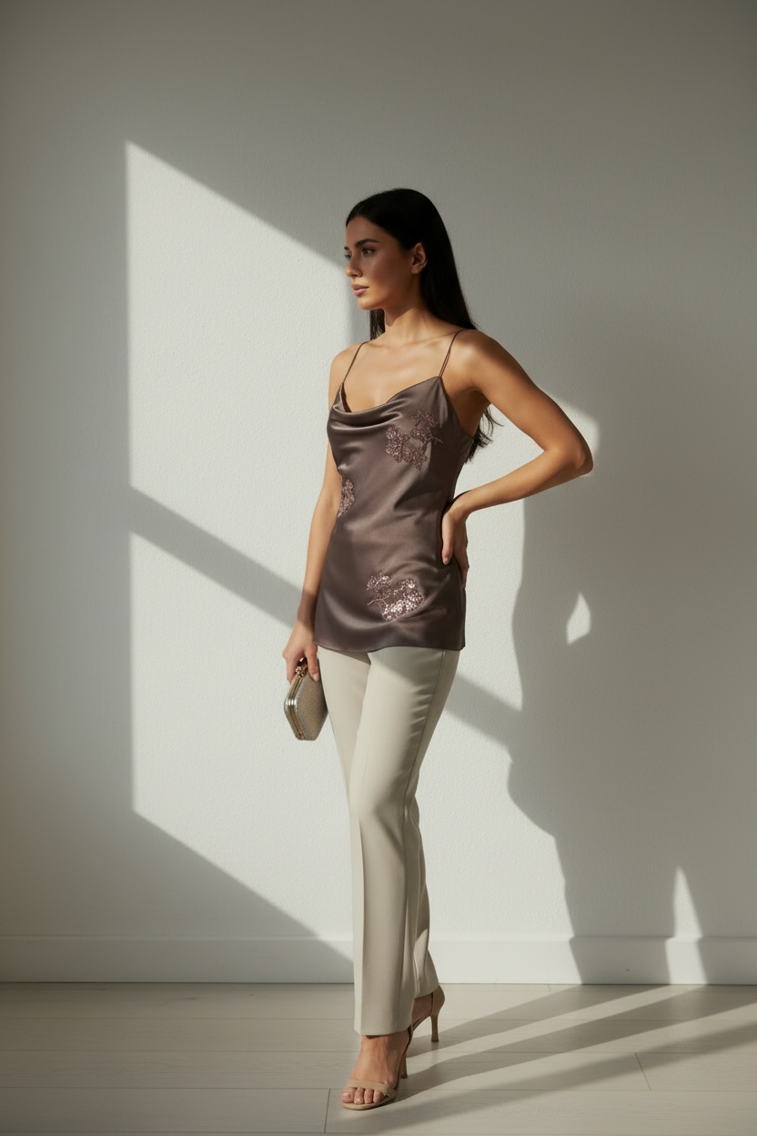 Top Satin Color Cioccolato con Ricami Floreali – Effortless Elegance