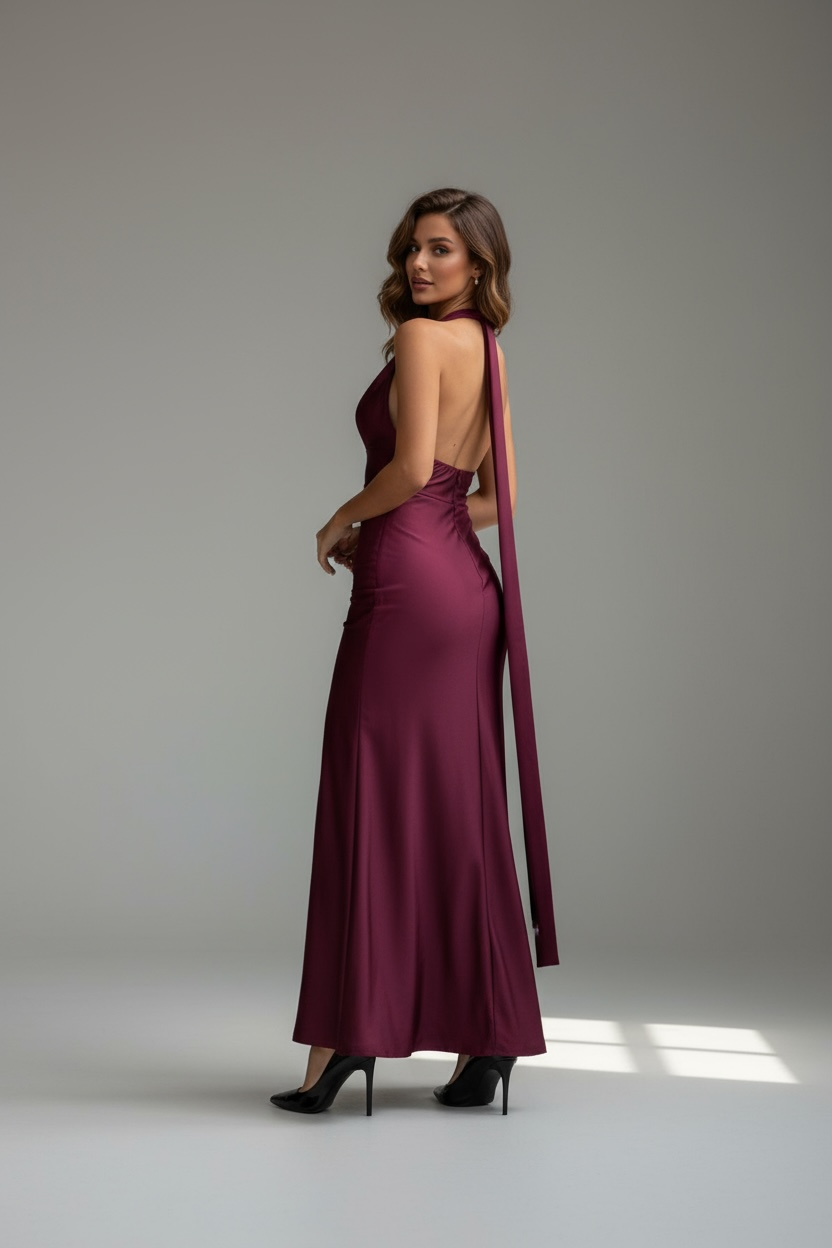 Abito lungo bordeaux con schiena scoperta e spacco frontale
