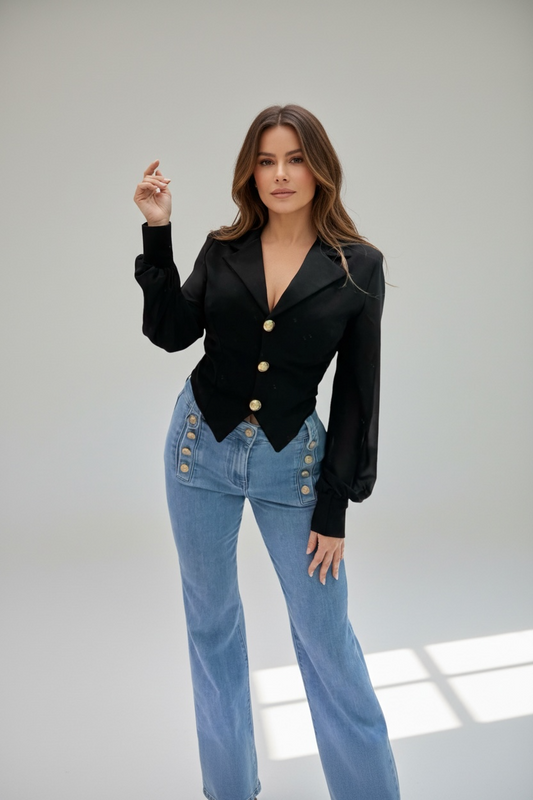 Jeans flare vita alta con bottoni