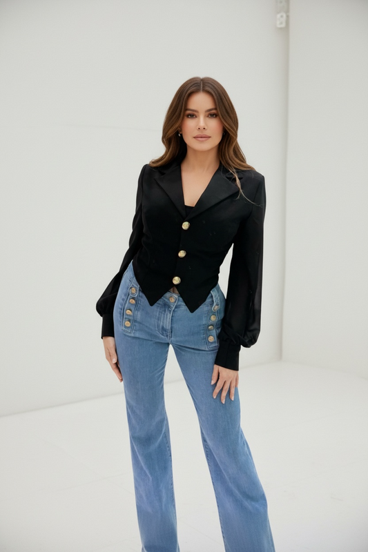 Jeans flare vita alta con bottoni