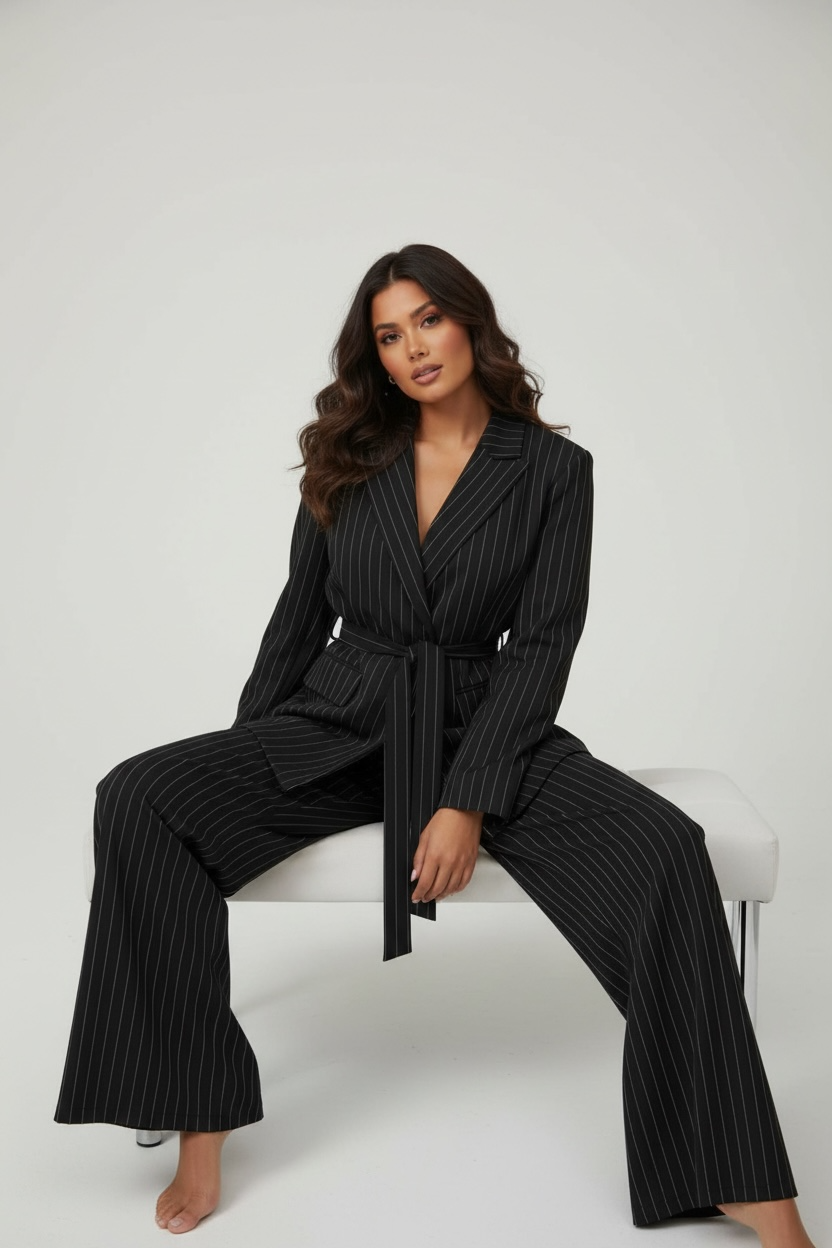 Tailleur Donna Gessato con Giacca Cinturata e Pantalone Palazzo