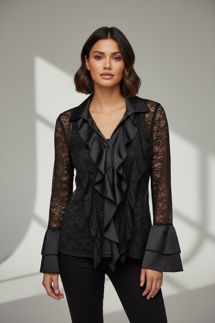 Camicia in pizzo trasparente con rouches – Colore nero