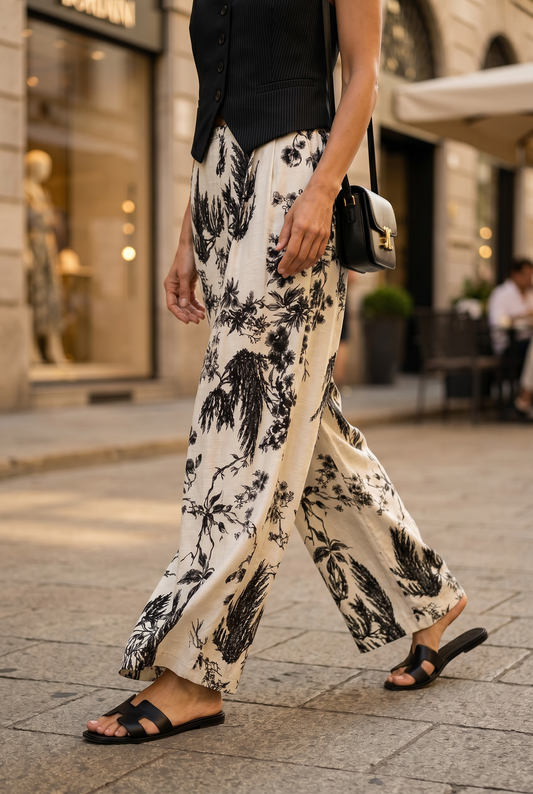 Pantalone palazzo fantasia nero in 100% cotone