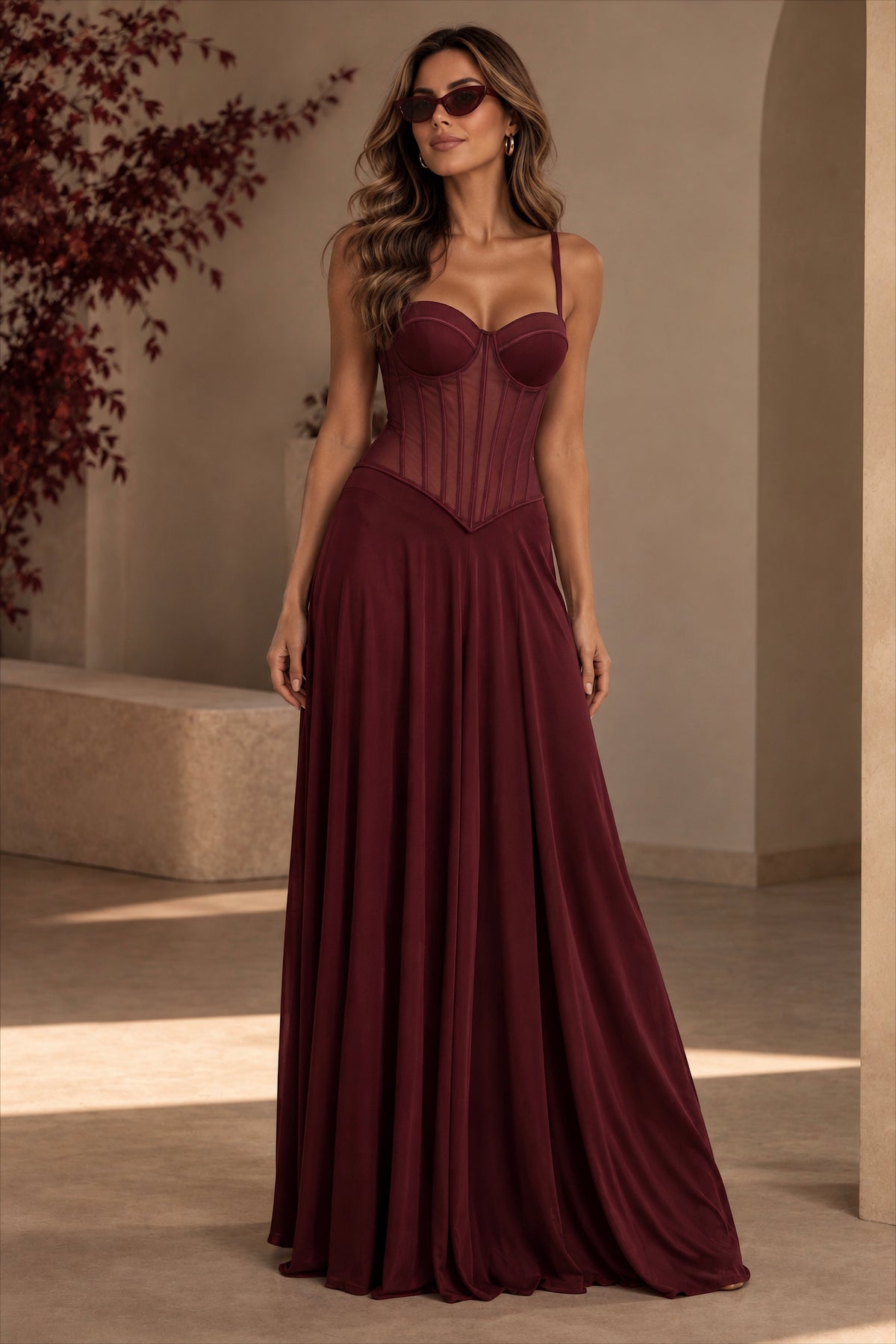 Abito Lungo Bordeaux con Corsetto