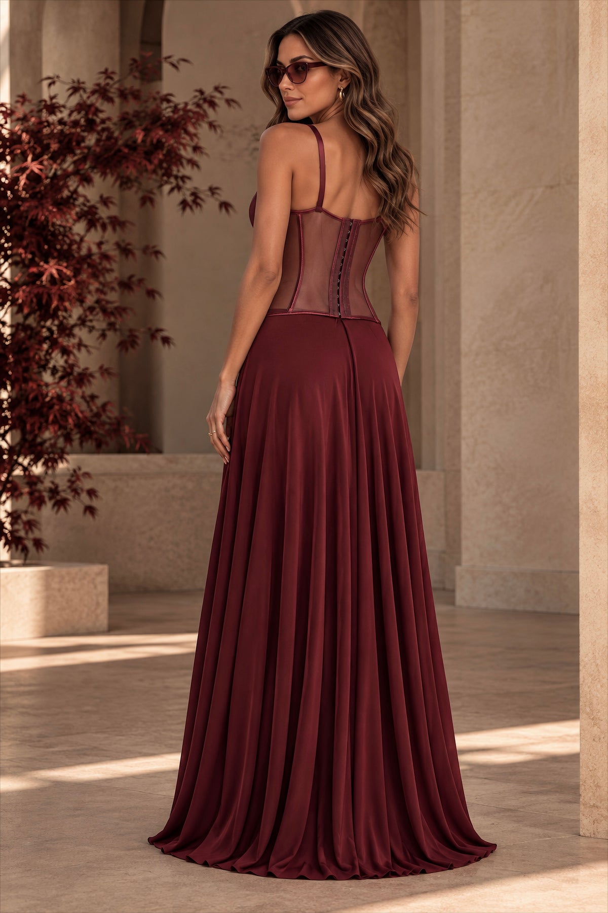 Abito Lungo Bordeaux con Corsetto